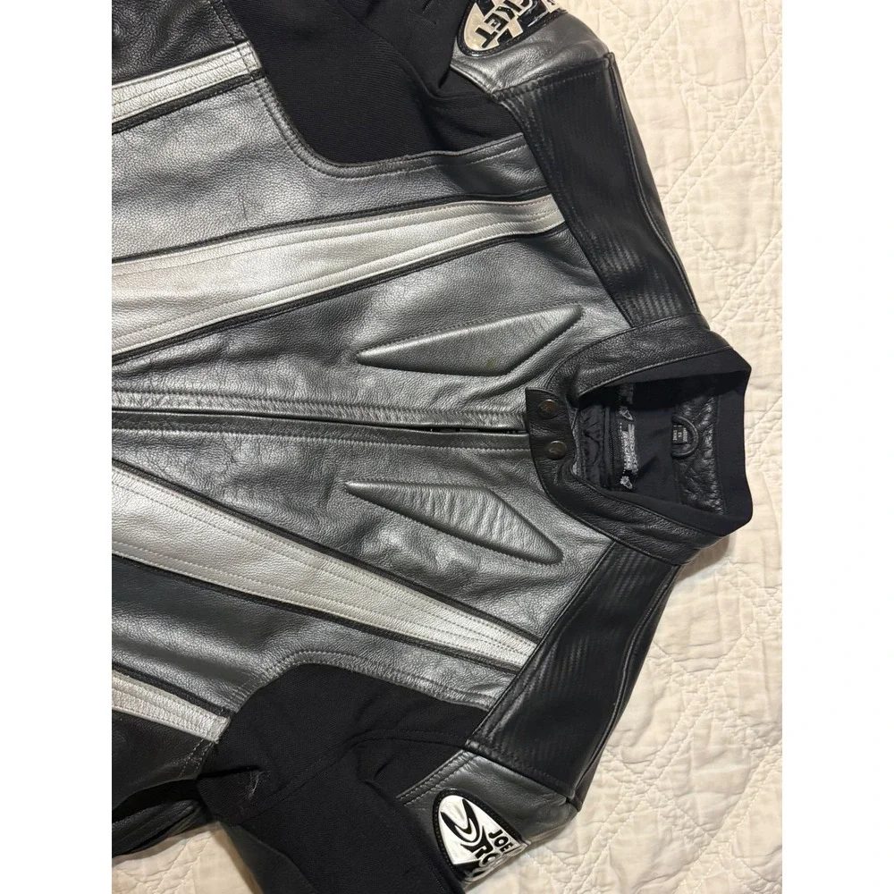 Joe Rocket Blaster Armored Leather Motorcycle Jacket Mens 46 Black Silver Racing